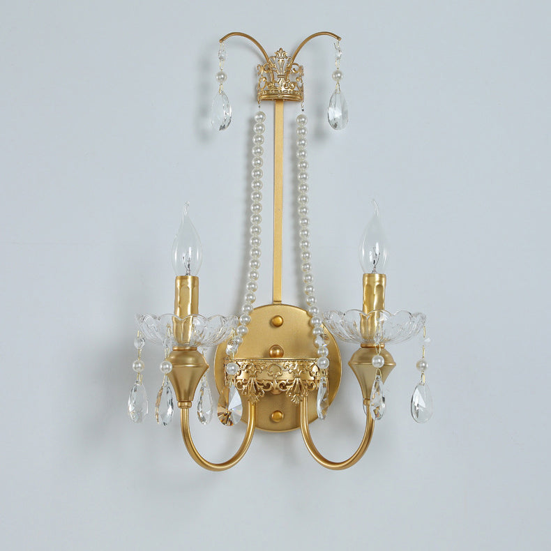 Zeitgenössische Luxus Eisen Kristall Perle Teardrop Anhänger Kerzenhalter 2-Licht Wandleuchte Lampe für Wohnzimmer 