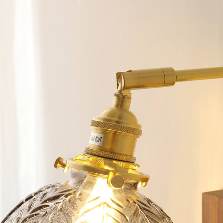 Traditionelle japanische Wandleuchte mit strukturierter Glaskugel, Holz und Messing, 1-flammig, für Wohnzimmer und Schlafzimmer 