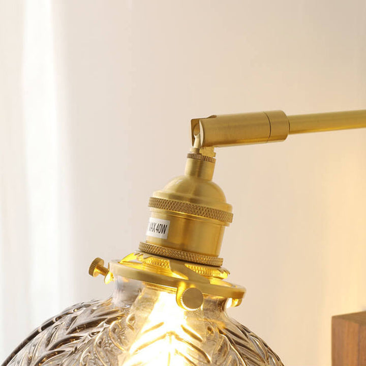 Traditionelle japanische Wandleuchte mit strukturierter Glaskugel, Holz und Messing, 1-flammig, für Wohnzimmer und Schlafzimmer 