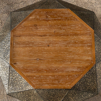 Mesa de café geométrica de hierro y madera de pino con diseño retro contemporáneo de 1 estante para sala de estar 
