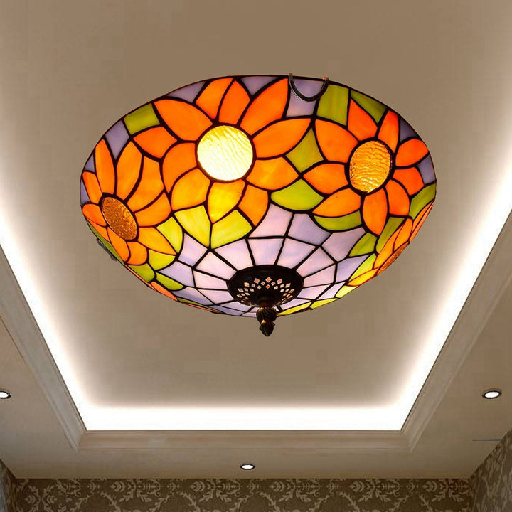 Dôme Tiffany traditionnel Tournesol Verre en fer Plafonnier à 2 lumières pour le salon 