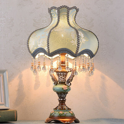 Traditional European Blue Fabric Tassel Resin 1-Light Table Lamp For Bedroom