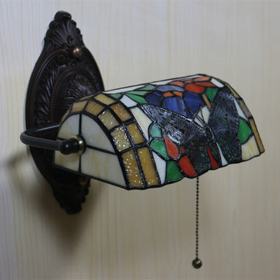 Traditional Tiffany Butterfly Half Cylinder Zinc Stained Glass 1-Light Wall Sconce Lamp For Living Room