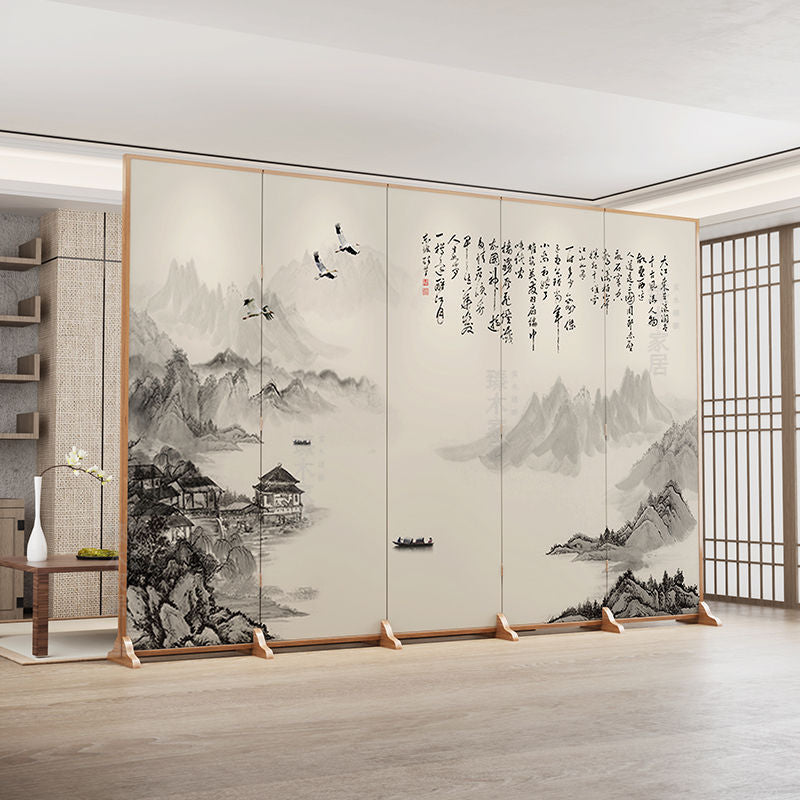 Traditional Chinese Rectangular Fir Wood Solid Wood Plywood Cotton Canvas Room Divider For Living Room
