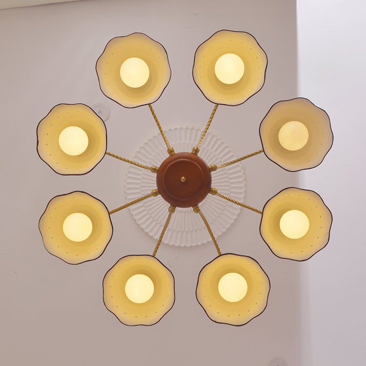 Traditional Vintage Half Round Copper Wood Ceramic 4/6/8 Light Chandelier For Living Room