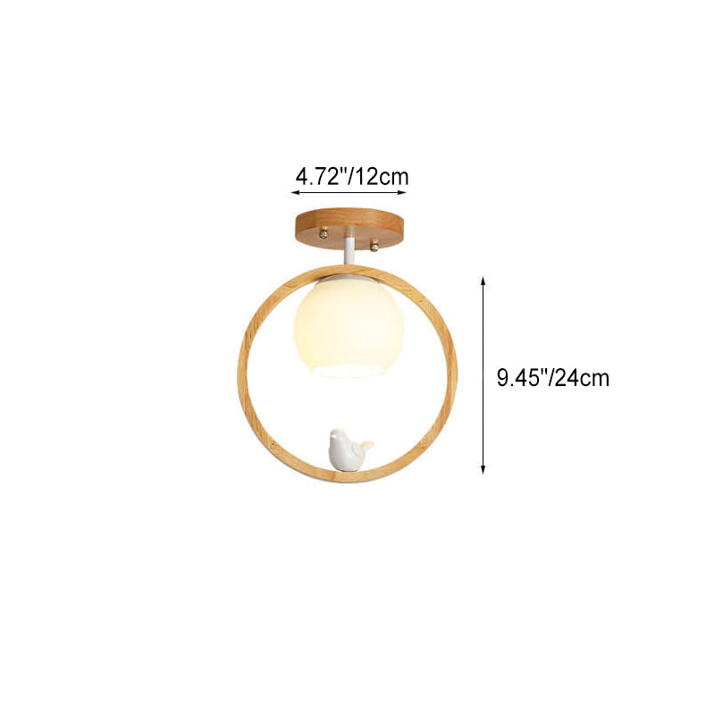 Modern Japanese Minimalist Log Bird Round 1-Light Semi-Flush Mount Ceiling Light