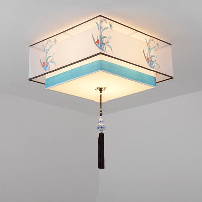 Pantalla de tela bordada de hierro chino tradicional de 4 luces para techo empotrado para dormitorio 
