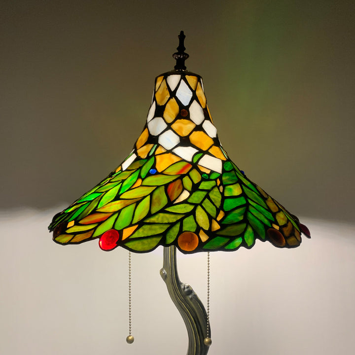 Lampe de table à deux lumières avec feuilles de fleurs en corne en verre d&