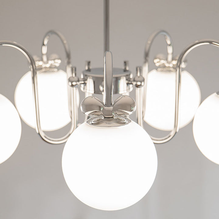 Contemporary Scandinavian Orb Bow Curved Rod Iron Glass 3/5/6 Light Chandelier For Living Room