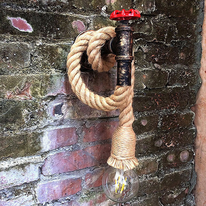 Vintage Industrial Hemp Rope Rust Plumbing 1-Light Wall Sconce Lamp