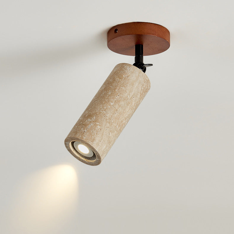 Traditional Japanese Yellow Travertine Walnut Cylindrical Spotlight 1-Light Wall Sconce Lamp For Bedroom