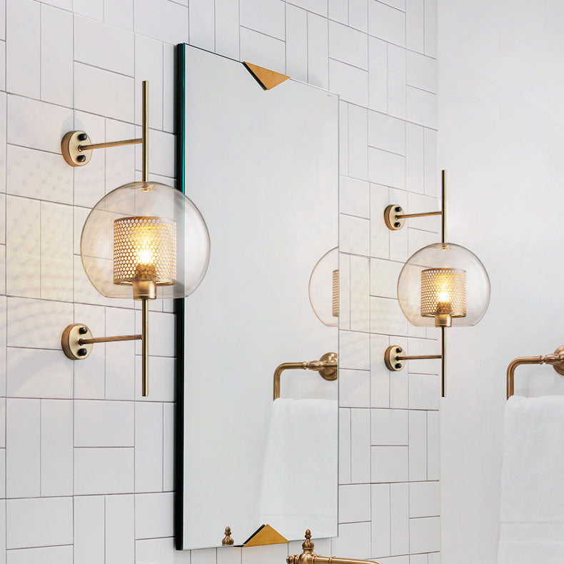 Zeitgenössische Wandlampe mit industriellem Eisenrahmen und kugelförmigem Glasschirm, 1-Licht für Schlafzimmer 