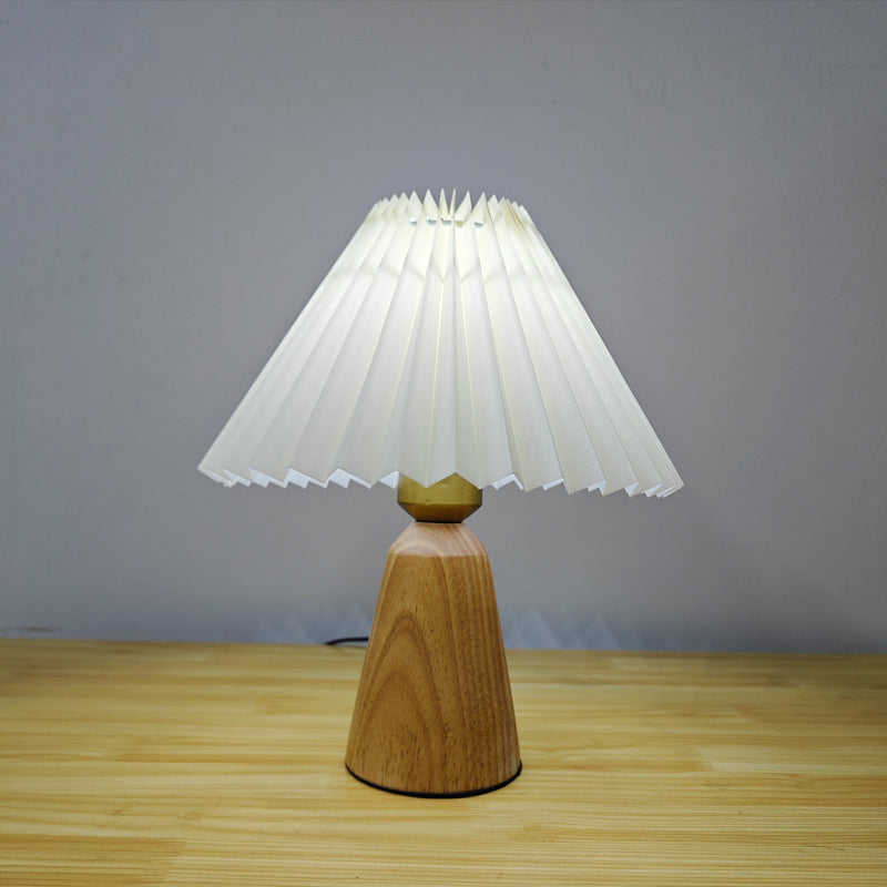Lampe de table 1 lumière en bois avec tissu plissé trapézoïdal scandinave contemporain pour chambre 
