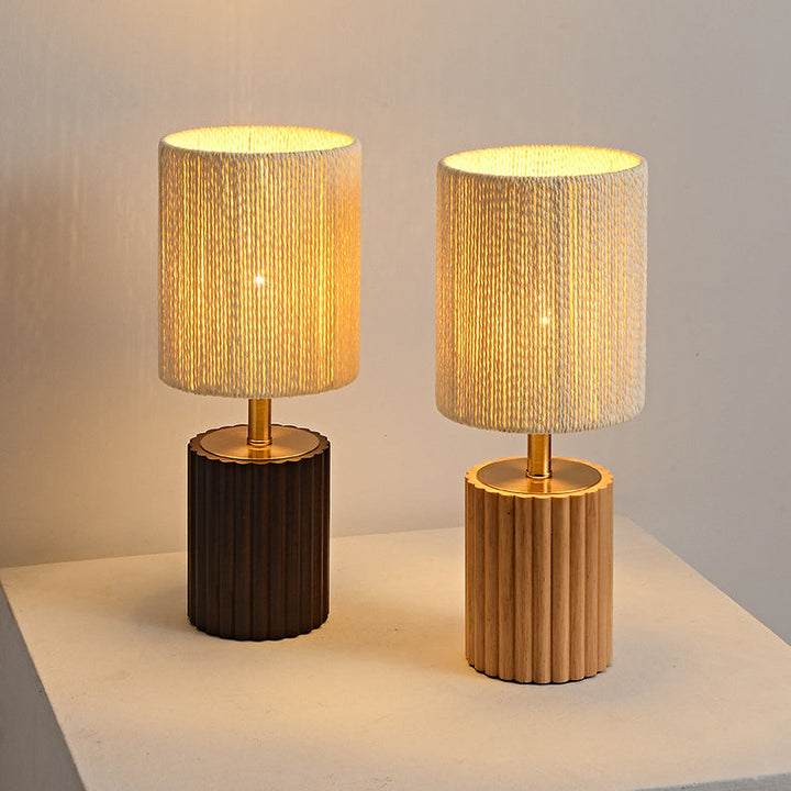 Traditional Japanese Round Cylinder Paper Rope Wood 1-Light Table Lamp For Bedroom