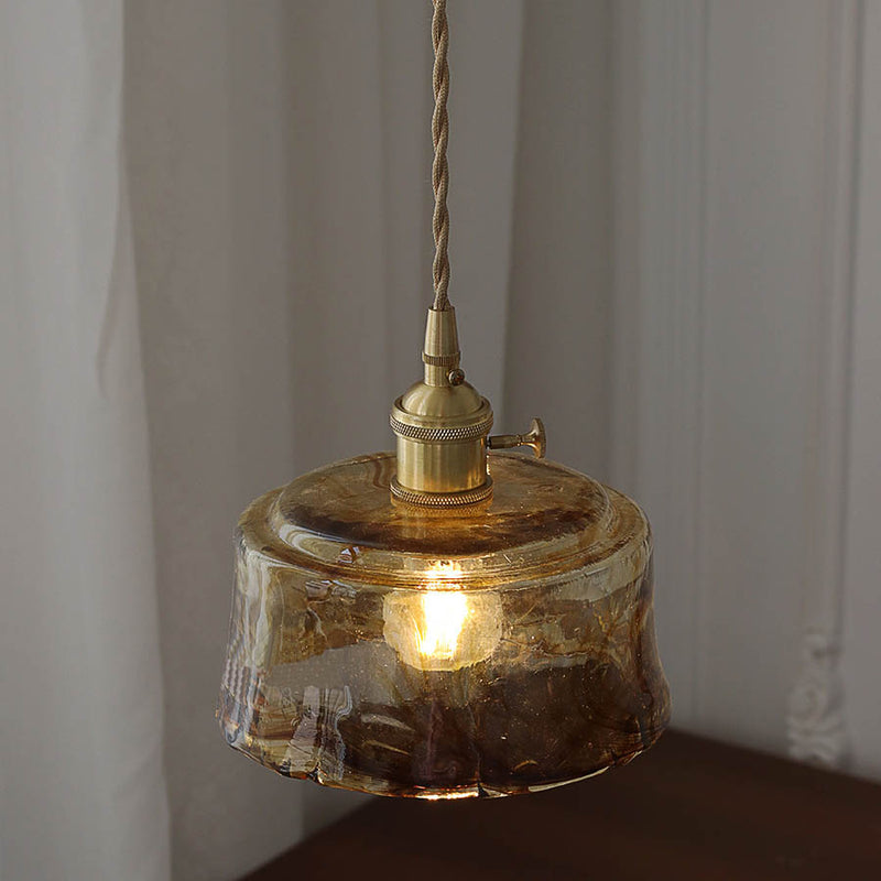 Modern Eclectic Amber Glass Geometric Jar 1-Light Pendant Light For Living Room