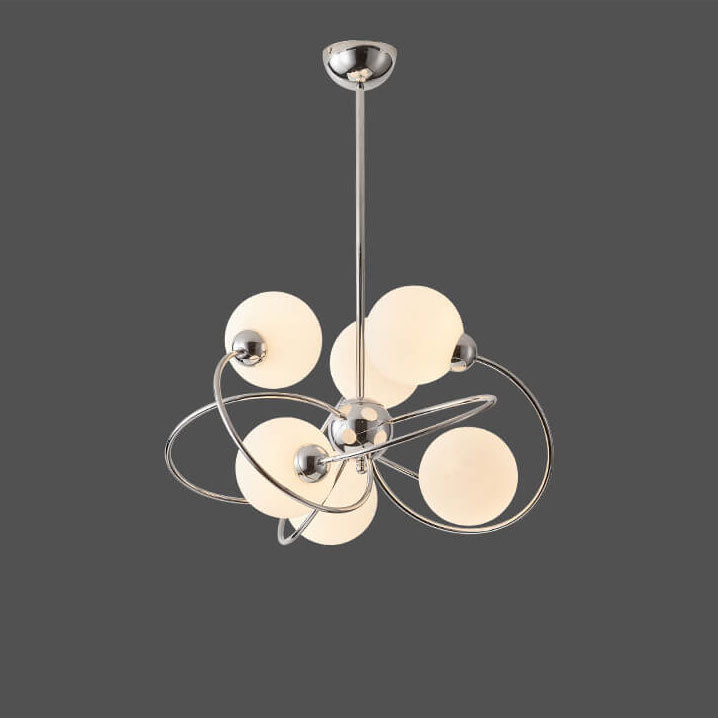 Moderner Mid-Century Kronleuchter mit milchweißem Glasball und Chromring, 6-Licht für Wohnzimmer 