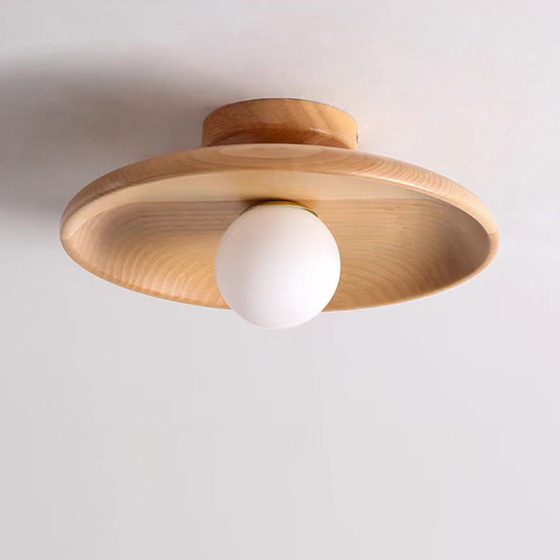 Zeitgenössische Einfachheit Runde Holz Glas 1-Licht Halb Flush Mount Deckenleuchte für Wohnzimmer