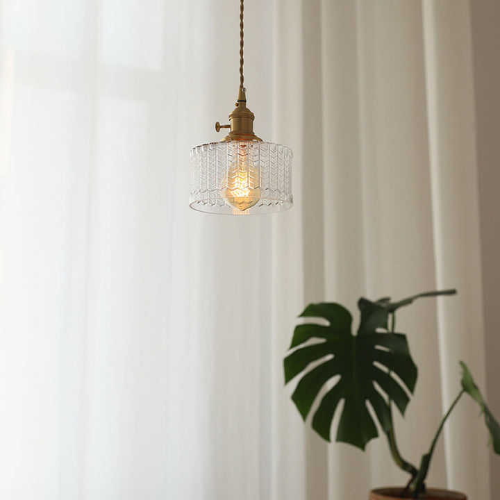 Moderne nordische Pendelleuchte aus Messing, Eisen und klarem Glas in runder Trommelform, kupferfarben, 1-flammig, für Wohnzimmer & Schlafzimmer 