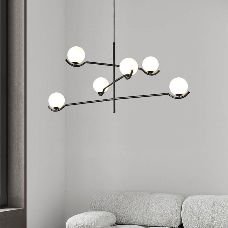 Lustre moderne de style mi-siècle avec longue tige en fer et abat-jour en globe de verre à 4/6 lumières pour salle à manger 