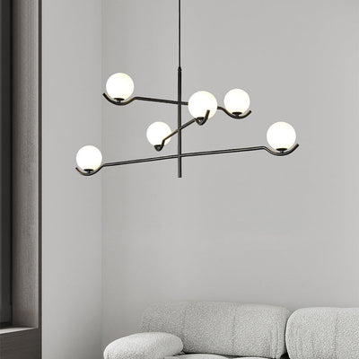 Moderner Mid-Century Eisen Langstab Glaskugel Schirm 4/6-flammiger Kronleuchter für Esszimmer 