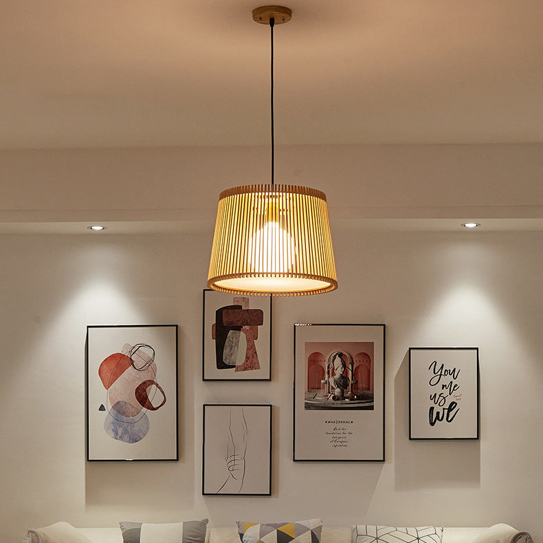 Traditional Japanese Wood Acrylic Cylinder Bucket 1-Light Pendant Light For Dining Room