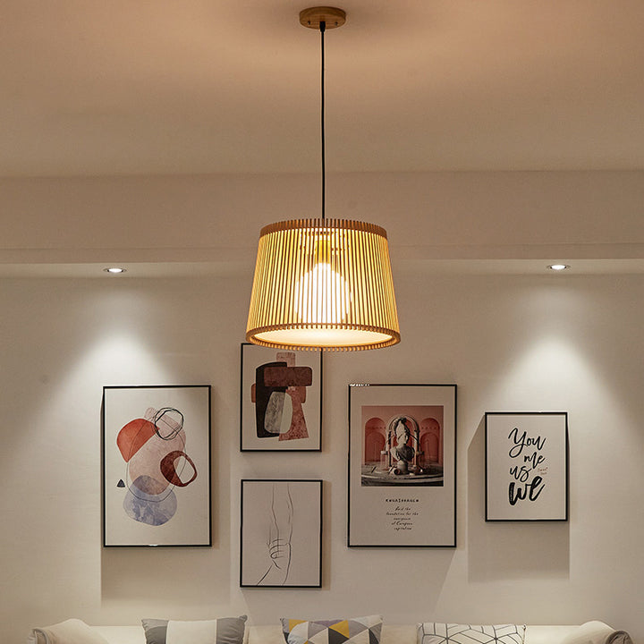 Traditional Japanese Wood Acrylic Cylinder Bucket 1-Light Pendant Light For Dining Room