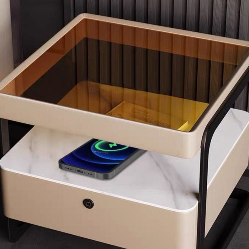 Zeitgenössischer nordischer rechteckiger verstärkter Glaslederplatte Eisenholz Nachttisch mit 1 Schublade für das Schlafzimmer 