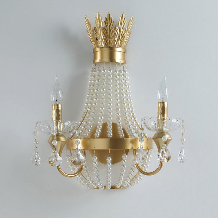 Lámpara de Aplique de Pared de 2 Luces de Cristal de Perlas y Hierro con Flecos en Media Luna de Lujo Moderno para Dormitorio 