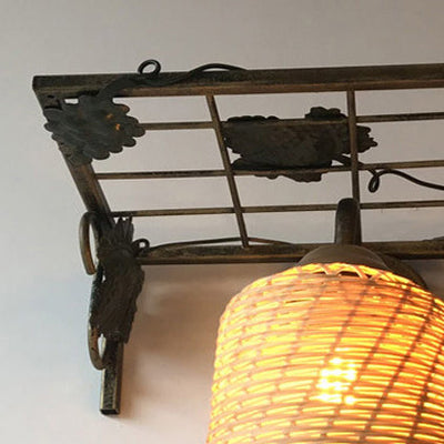 Lámpara Aplique de Pared de 1 Luz con Cilindro de Hierro y Bambú Tejido Cuadrícula Rectangular Rústica Tradicional para Sala de Estar 