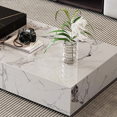 Mesa de café de madera rectangular cuadrada minimalista moderna con placa de piedra y 4 cajones para sala de estar 