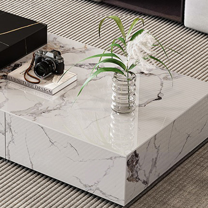Mesa de café de madera rectangular cuadrada minimalista moderna con placa de piedra y 4 cajones para sala de estar 