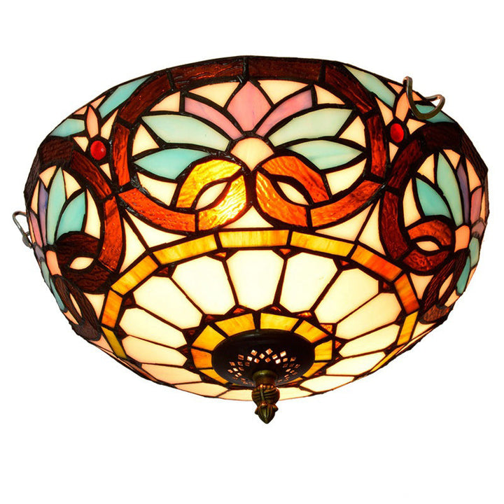 Traditionelle Tiffany Kuppel Eisen Glas 2-Licht Unterputzleuchte für Wohnzimmer 