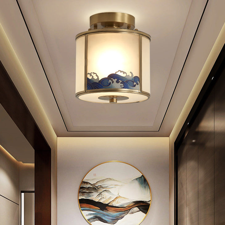 Traditionelle chinesische Messing-Glaszylinder-Deckenleuchte mit 1 Licht, halbbündige Montage für Wohnzimmer 