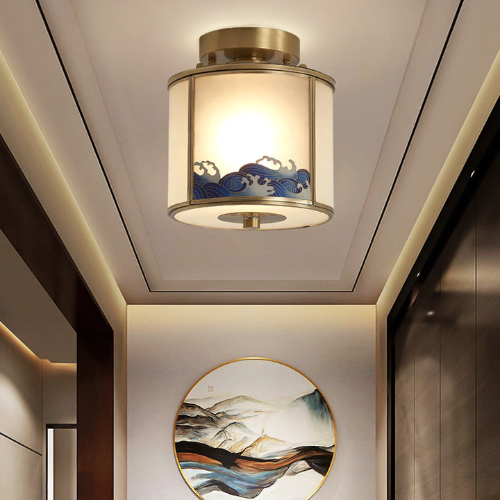 Traditionelle chinesische Messing-Glaszylinder-Deckenleuchte mit 1 Licht, halbbündige Montage für Wohnzimmer 