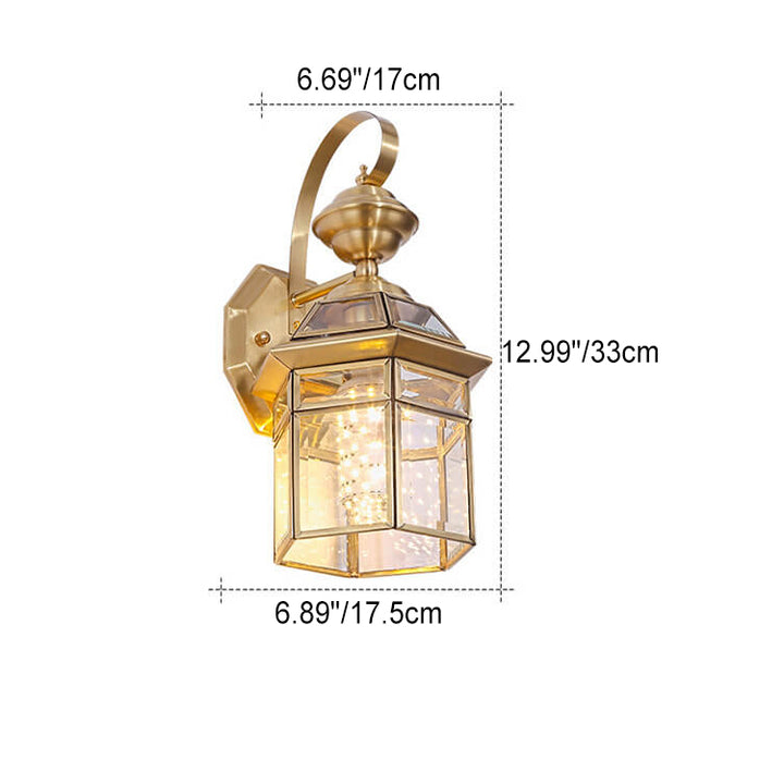 Traditional European Outdoor Hexagonal Cage Glass Copper 1-Light Waterproof Wall Sconce Lamp For Outdoor