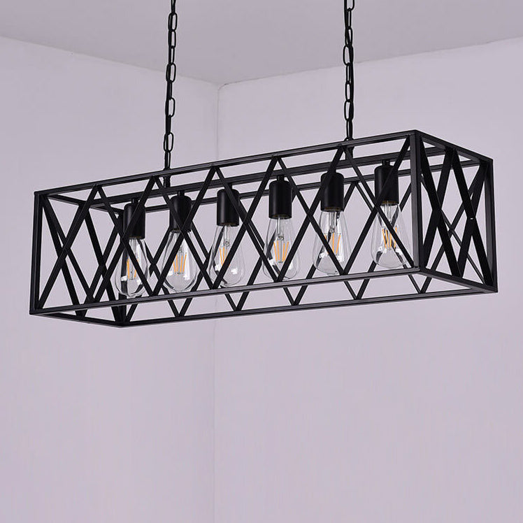 Lámpara de Araña de Jaula Geométrica Rectangular de Hierro Tradicional de 4/6 Luces para Comedor 