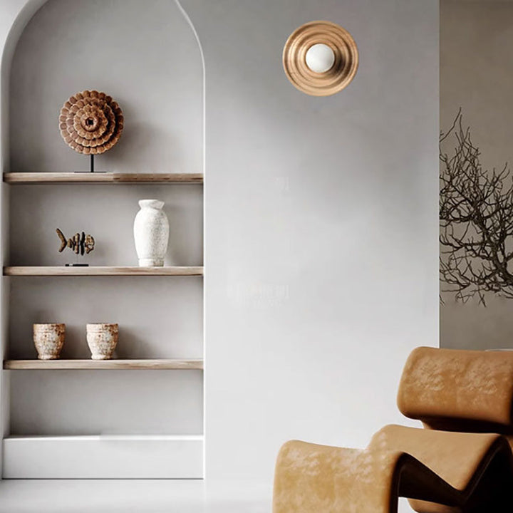 Traditionelle japanische Wabi-Sabi Holz Wachstumsring Glaskugel Schatten 1-Licht Wandleuchte Lampe für Schlafzimmer 