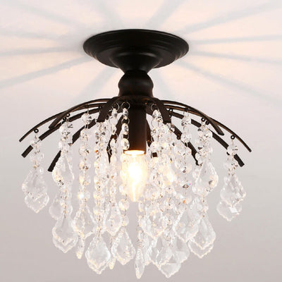 Scandinavian Modern Round Iron Crystal 1-Light Semi-Flush Mount Ceiling Light