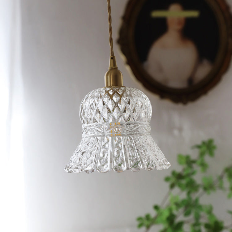 Traditionelle französische florale 1-flammige Pendelleuchte aus Messing und Glas für das Wohnzimmer 