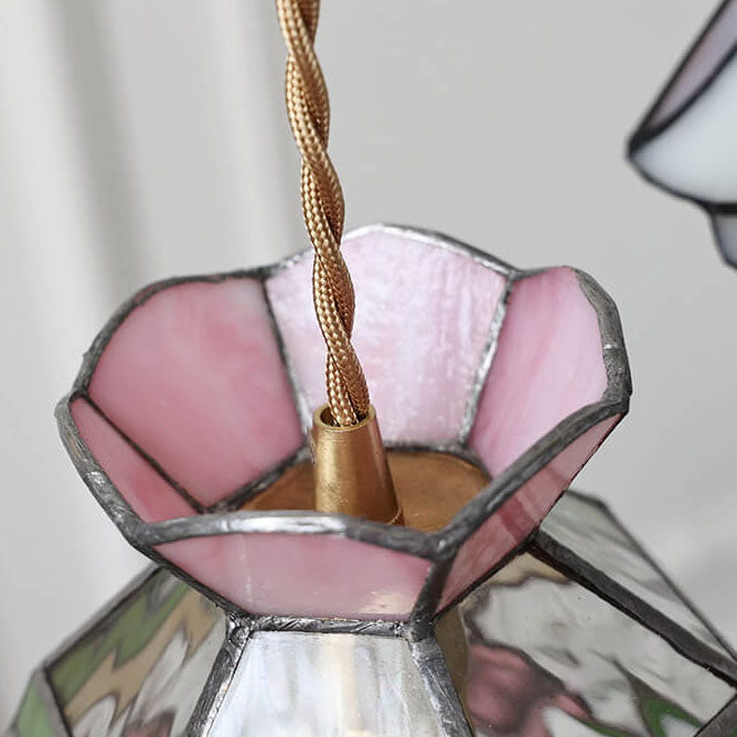 Vintage Tiffany Rose Flower Conical Stained Glass 1-Light Pendant Light
