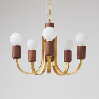 Zeitgenössischer Vintage-Kronleuchter mit gebogener Stange, Zylinder, Kerzenständer-Form, Kupfer, Holz, 3/4/5 Lichter, für Wohnzimmer 