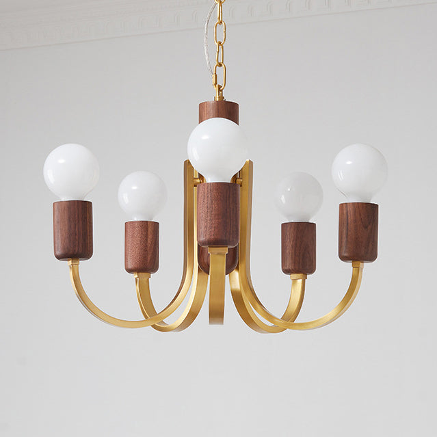 Zeitgenössischer Vintage-Kronleuchter mit gebogener Stange, Zylinder, Kerzenständer-Form, Kupfer, Holz, 3/4/5 Lichter, für Wohnzimmer 