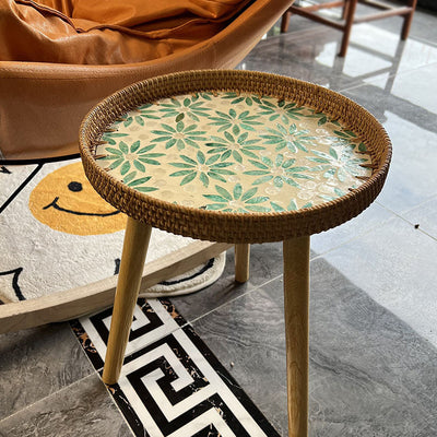 Table d'appoint ronde en bois et rotin fait main rustique traditionnel pour salon 