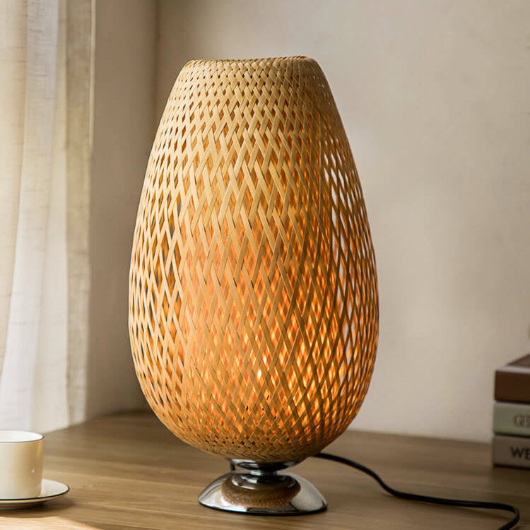 Traditional Chinese Moso Bamboo Wood Iron Weaving Oval Round 1-Light Table Lamp For Bedroom