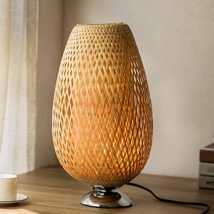 Traditional Chinese Moso Bamboo Wood Iron Weaving Oval Round 1-Light Table Lamp For Bedroom