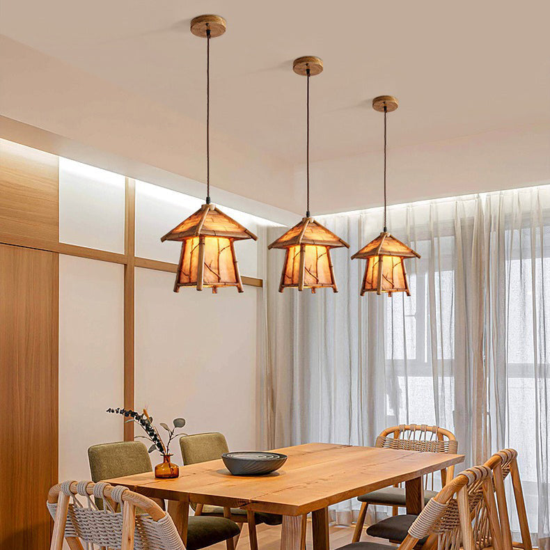 Traditioneller japanischer Harz-Eisen-Kupfer-Haus-Zylinder 1/3 Licht Insel-Licht-Kronleuchter für Esszimmer 