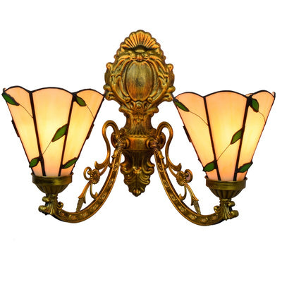 Traditional Tiffany Iron Resin Glass Conic Foliage 2-Light Wall Sconce Lamp For Hallway
