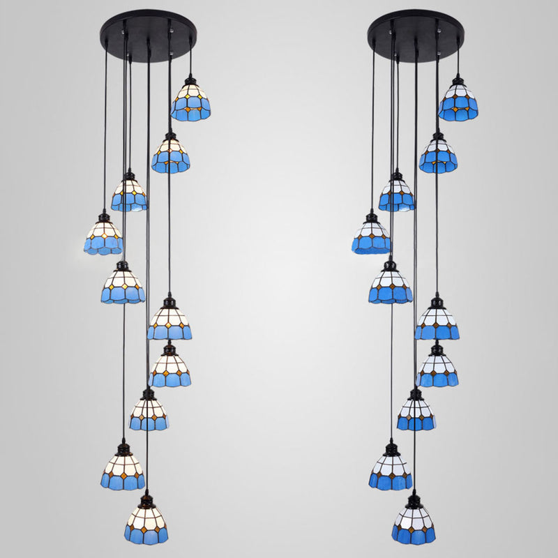 Contemporary Coastal Tapered Iron Resin Stained Glass 10-Light Chandelier For Living Room