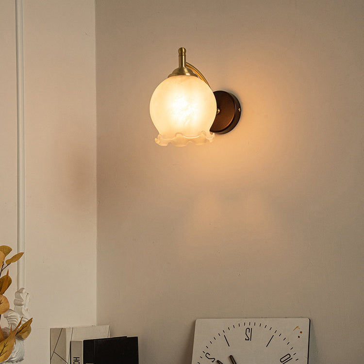 Traditional French Ceramic Glass Flower Shade Solid Wood Base 1-Light Wall Sconce For Living Room