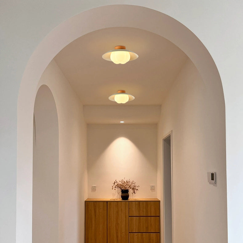 Contemporary Nordic Iron Wood PE Bowl 1-Light Flush Mount Ceiling Light For Hallway
